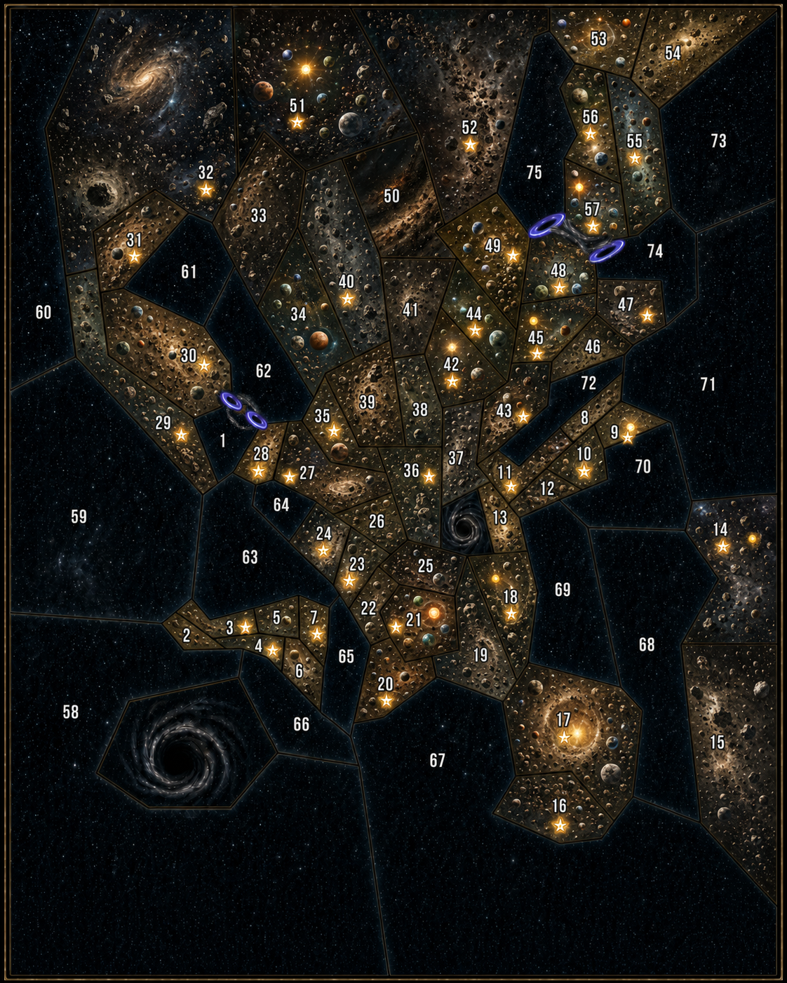 Mapa numerado de Nebula Runner con 75 sectores